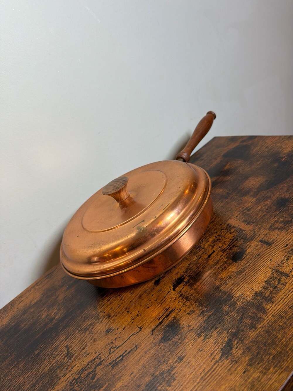 Tagus Vintage Copper Sauté Pan with Lid and Wooden Handle, Made in Portugal